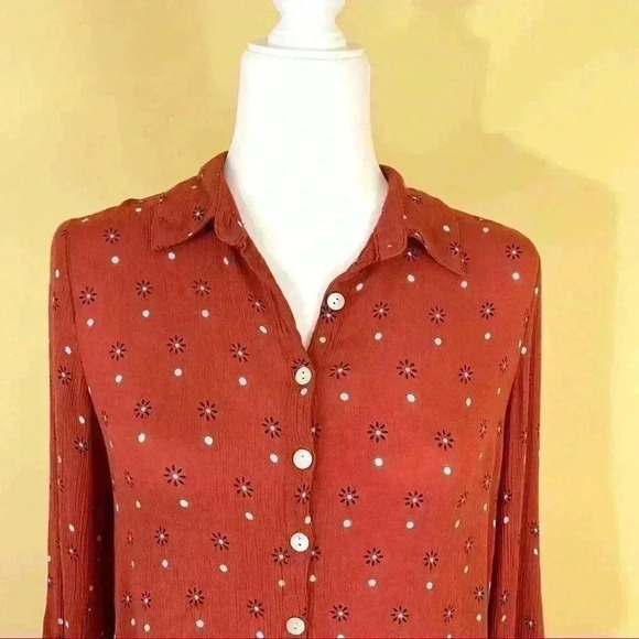 Francesca Harper 100% Rayon Burnt Orange Floral Button Down Shirt Size XXS - Picture 2 of 10
